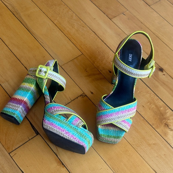 Dkny Shoes - DKNY Multicolor Woven Platform Sandals with Neon Yellow Trim